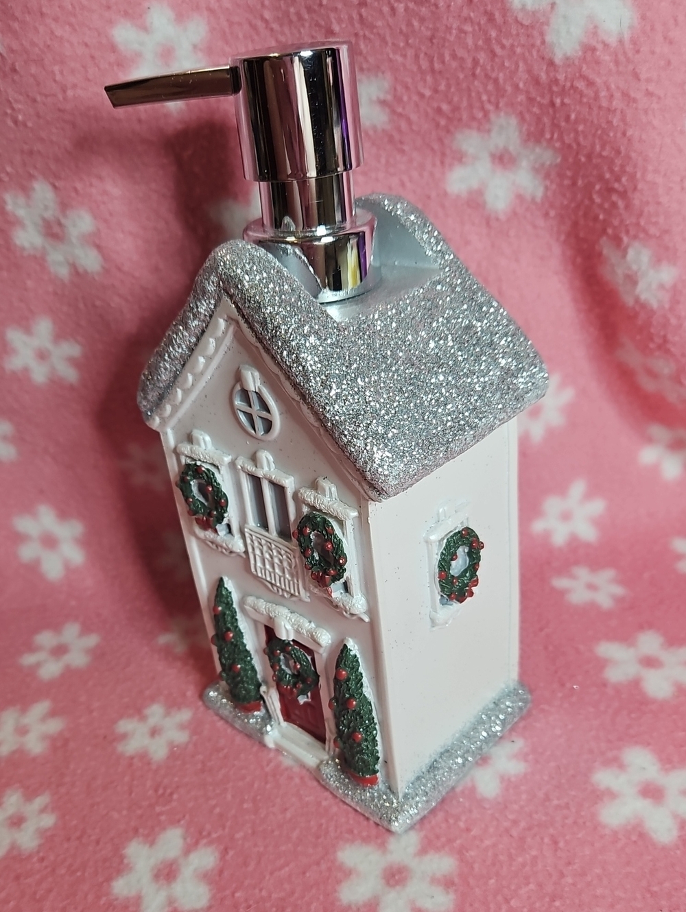 Holiday House Soap Dispenser - Silver Glitter Roof, White Ceramic